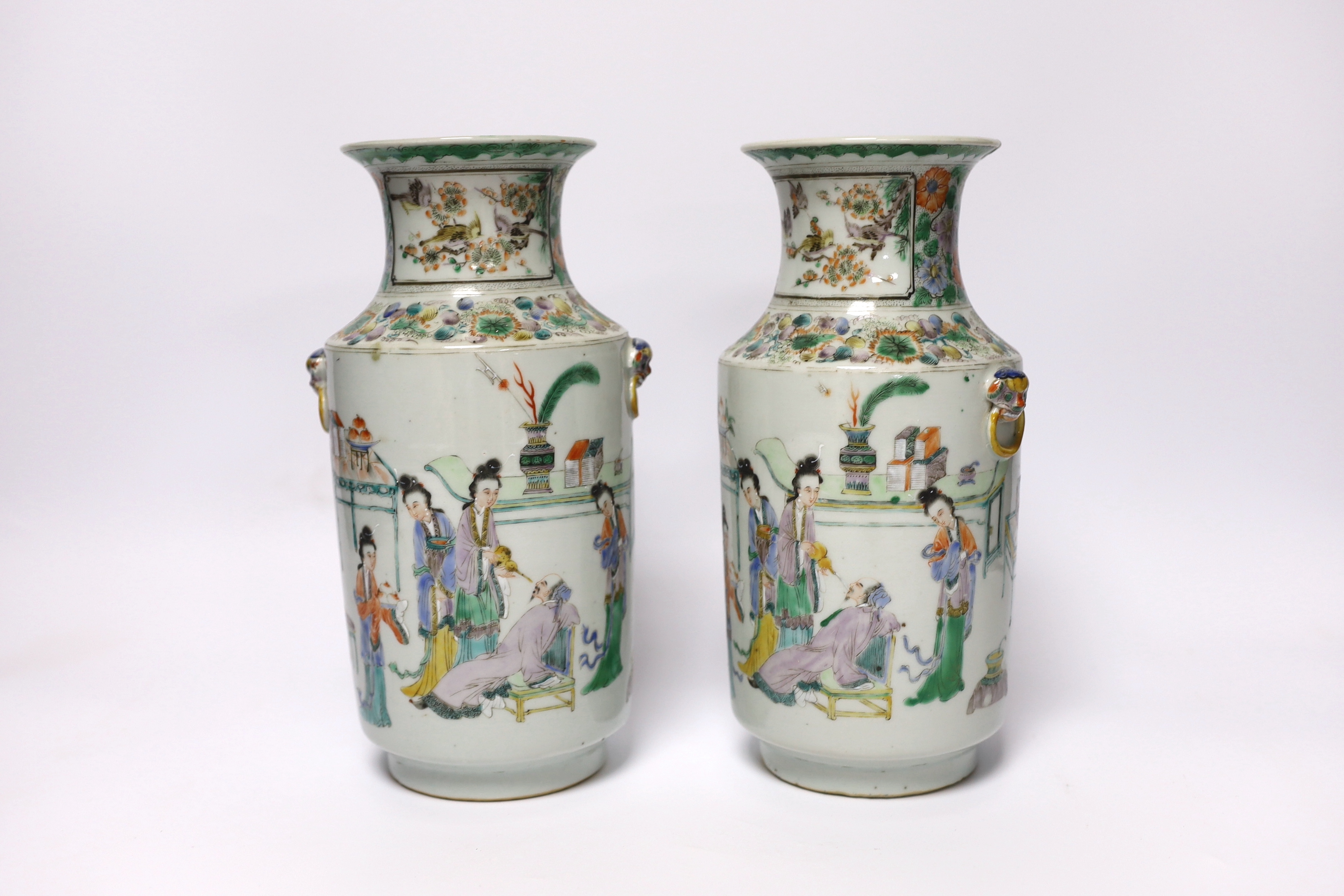 A pair of 19th century Chinese famille verte ‘ladies’ vases, 23cm